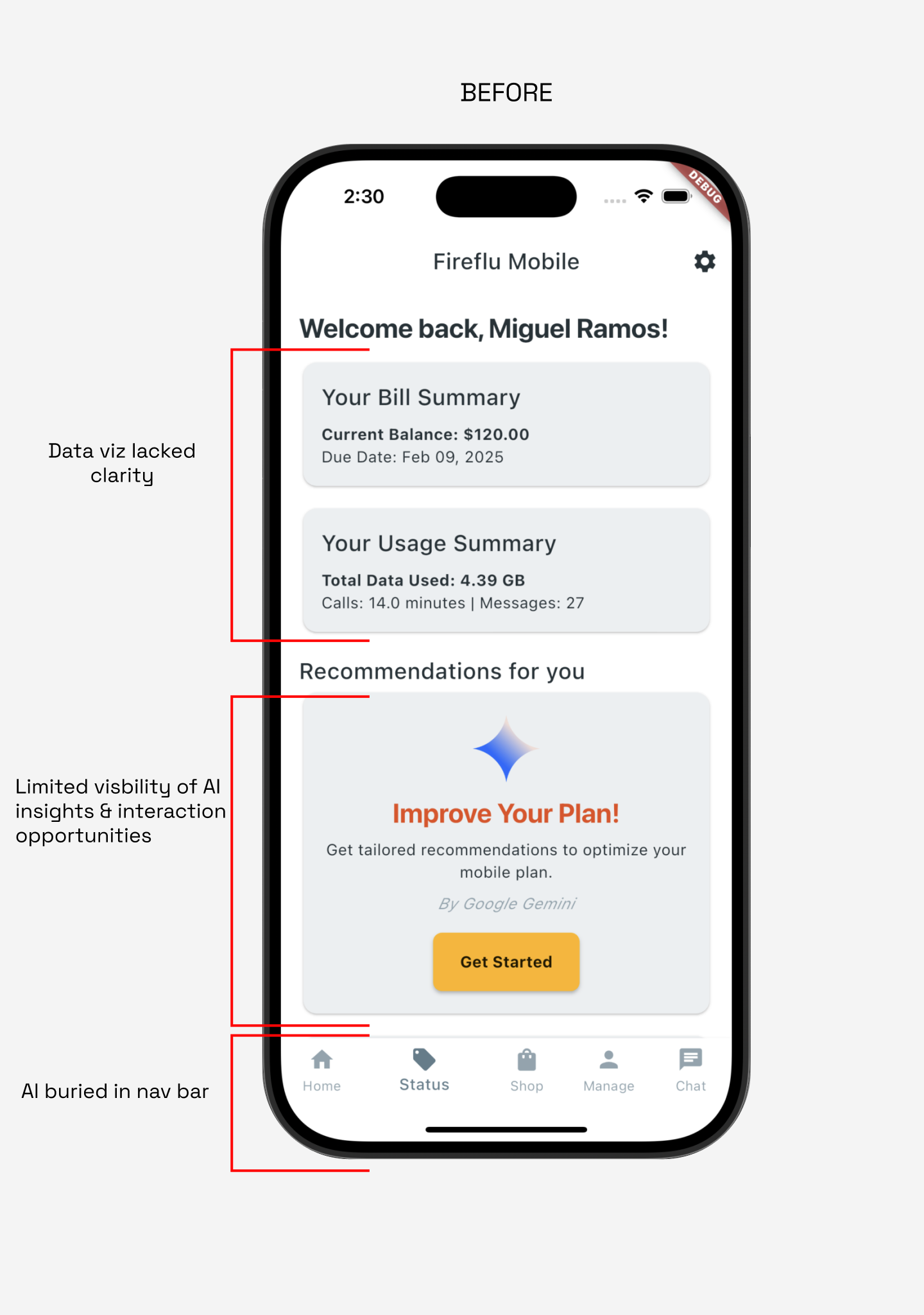 Before – the original Fireflut app: cluttered bill and usage summaries, the AI recommendation buried low, a generic light carrier UI, with callouts flagging unclear data viz and low AI visibility
